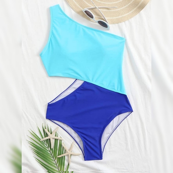 NWT SweatyRocks Women's XL Colorblock One Shoulder Cutout One Piece Swimsuit - Picture 3 of 5